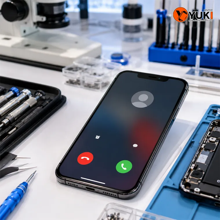 iPhone เปิดหน้าจอสายเรียกเข้าวางบนโต๊ะช่างซ่อมมือถือในห้องปฏิบัติการซ่อม แสดงอาการโทรแล้วไม่ได้ยินเสียงคู่สนทนา พร้อมอุปกรณ์ซ่อม iPhone ระดับมืออาชีพ