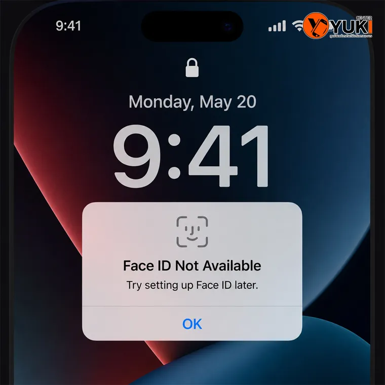 หน้าจอ iPhone แสดงข้อความ Face ID Not Available ไม่สามารถตั้งค่าหรือใช้งาน Face ID ได้ สาเหตุจากระบบ TrueDepth Camera กล้องหน้า สายแพร หรือเมนบอร์ดเสีย พร้อมแนวทางซ่อม Face ID ปี 2026