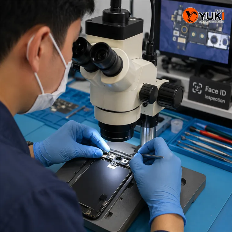 ช่าง YukiCenter กำลังตรวจซ่อม iPhone ด้วยกล้องจุลทรรศน์ความละเอียดสูง เพื่อวิเคราะห์ปัญหาเมนบอร์ด ลำโพง กล้อง และ Face ID ในห้องปฏิบัติการซ่อมมือถือมาตรฐาน