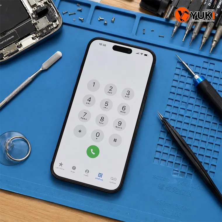iPhone เปิดหน้าจอโทรศัพท์วางบนโต๊ะช่างซ่อมมือถือ พร้อมอุปกรณ์ซ่อมสำหรับตรวจเช็กและเปลี่ยนลำโพง iPhone ที่ YukiCenter