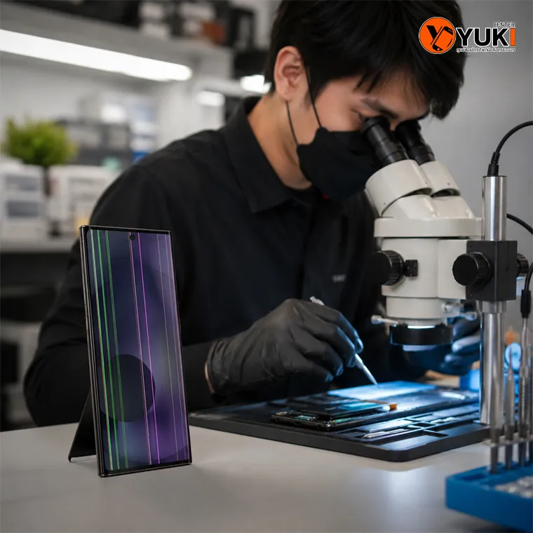 Samsung จอเป็นเส้นเขียวและชมพู กำลังตรวจซ่อมที่ YukiCenter