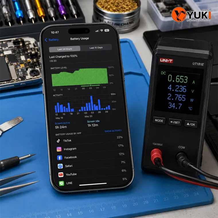 หน้าจอ iPhone แสดง Battery Usage หลังอัปเดต iOS 26 พร้อมเครื่องวัดกระแสไฟ ตรวจอาการแบตลดไวและเครื่องร้อน