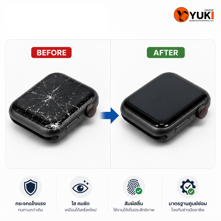 Before และ After เปลี่ยนกระจก Apple Watch แตก ด้วยเครื่องยิงเลเซอร์ ที่ Yuki Center แสดงผลก่อนและหลังการเปลี่ยนกระจก เมื่อหน้าจอเดิมผ่านการประเมินว่ายังใช้งานได้