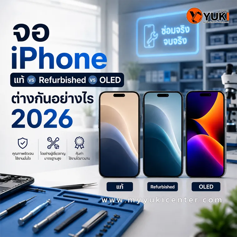 เปรียบเทียบจอ iPhone แท้ จอ Refurbished และจอ OLED ปี 2026 พร้อมคำแนะนำเลือกหน้าจอให้คุ้มค่าโดย YukiCenter