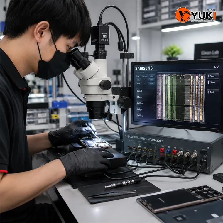 ช่าง YukiCenter ตรวจพาเนล Samsung จอเป็นเส้นด้วยกล้อง Microscope