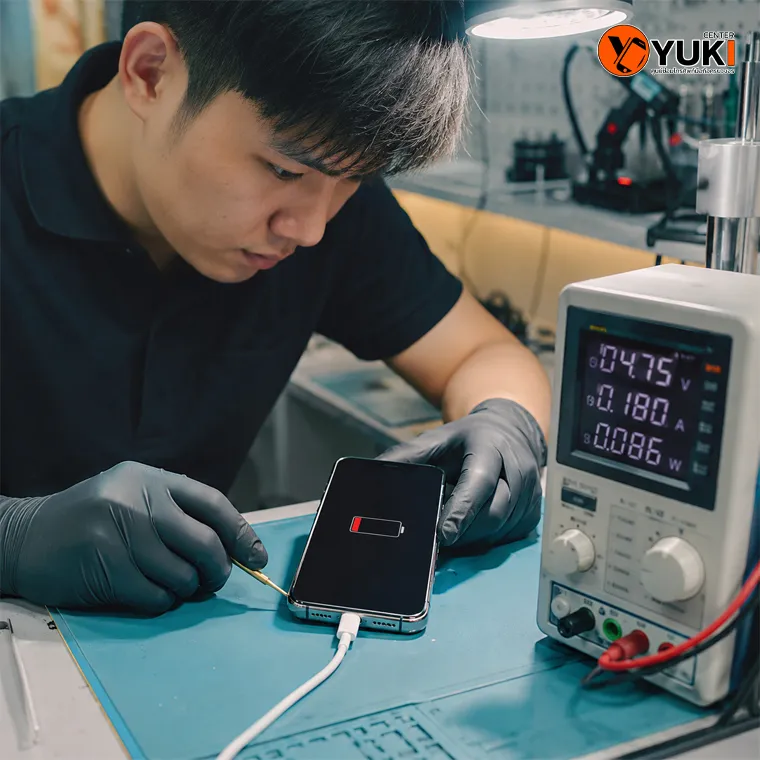 iPhone ชาร์จไม่เข้า ช่างกำลังตรวจพอร์ตและระบบชาร์จที่ YukiCenter