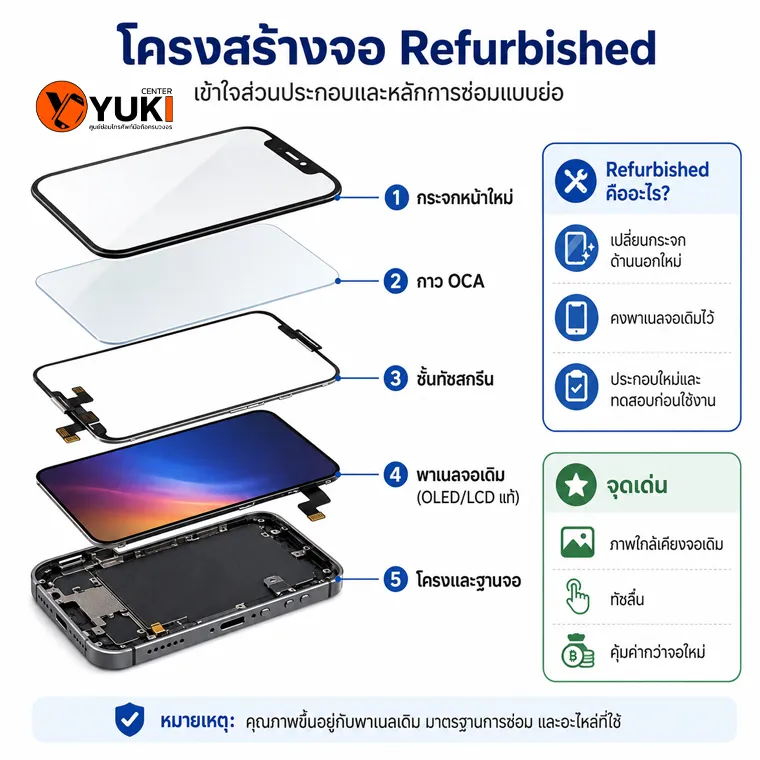 โครงสร้างจอ Refurbished iPhone ที่ใช้พาเนลเดิมและเปลี่ยนกระจกใหม่