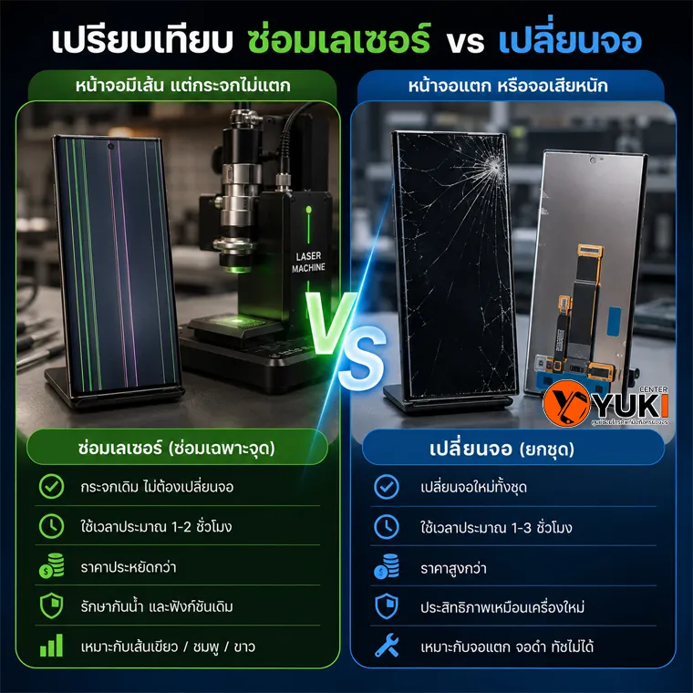 เปรียบเทียบซ่อมจอเส้น Samsung ด้วยเลเซอร์กับเปลี่ยนหน้าจอ