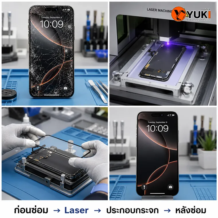 ขั้นตอนลอกกระจก iPhone 17 Pro Max ก่อนซ่อม ยิงเลเซอร์ ประกอบกระจก และหลังซ่อม