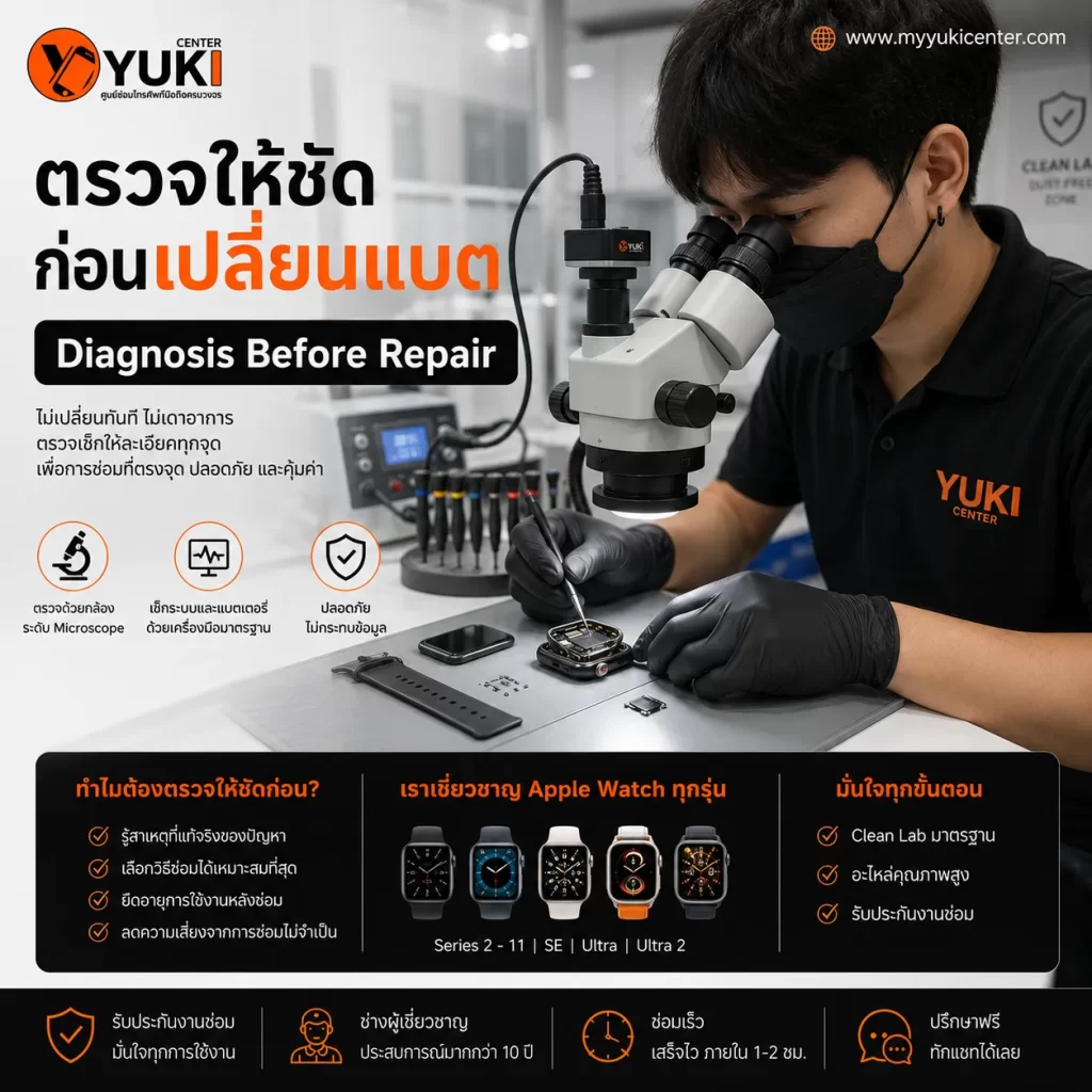ตรวจ Apple Watch ก่อนเปลี่ยนแบต ด้วย Microscope และ Diagnosis Before Repair