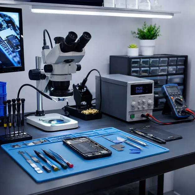 โต๊ะช่างซ่อมมือถือพร้อมกล้อง Microscope เครื่องจ่ายไฟ และมัลติมิเตอร์สำหรับตรวจซ่อมโทรศัพท์
