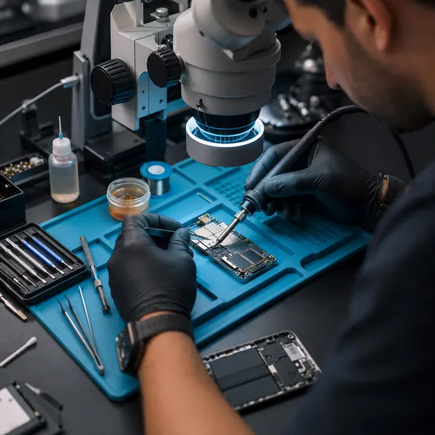 ช่างซ่อมเมนบอร์ดมือถือด้วยกล้อง Microscope ตรวจซ่อมวงจรและ IC โทรศัพท์มือถือ
