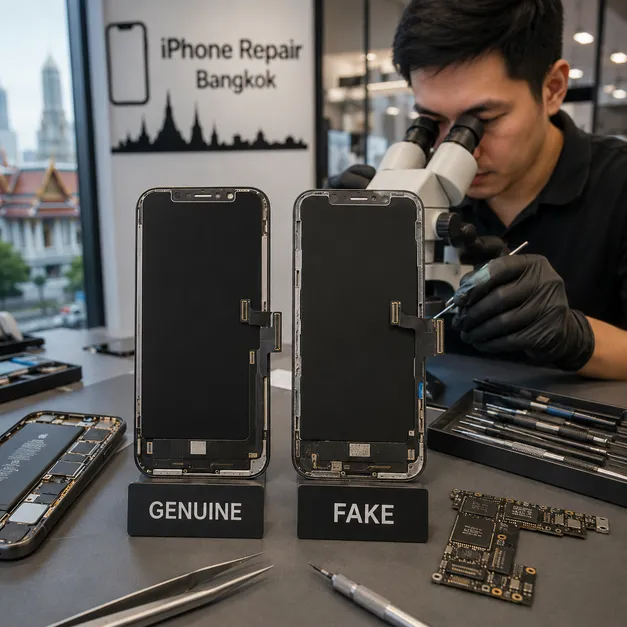ช่างซ่อม iPhone เปรียบเทียบหน้าจอแท้และจอเทียบก่อนเปลี่ยนจอ iPhone ที่ Yuki Center Bangkok