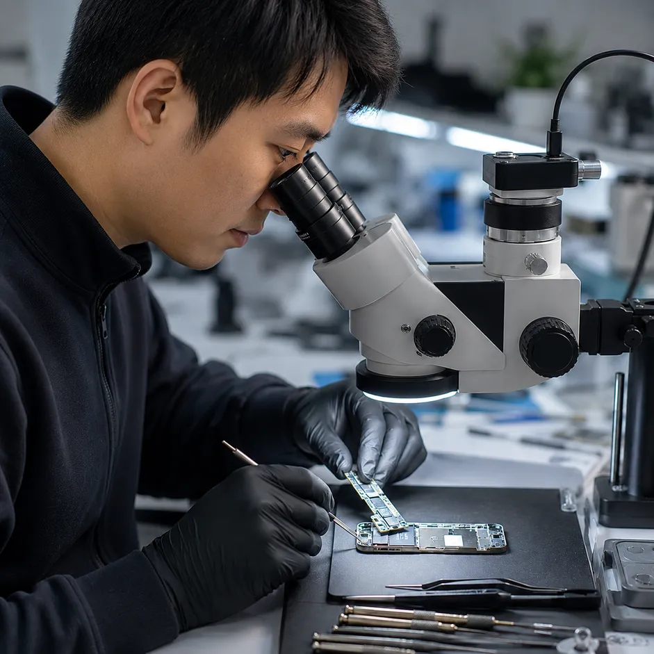 ช่างซ่อมบอร์ด iPhone ตรวจเมนบอร์ดใต้กล้องจุลทรรศน์ ร้านซ่อม iPhone ใกล้ฉัน