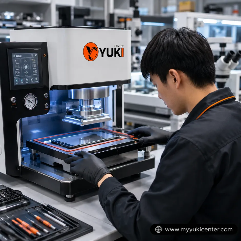 ช่าง Yuki Center ใช้เครื่องลอกกระจก iPhone ระบบสุญญากาศในร้านซ่อม iPhone ใกล้ฉัน