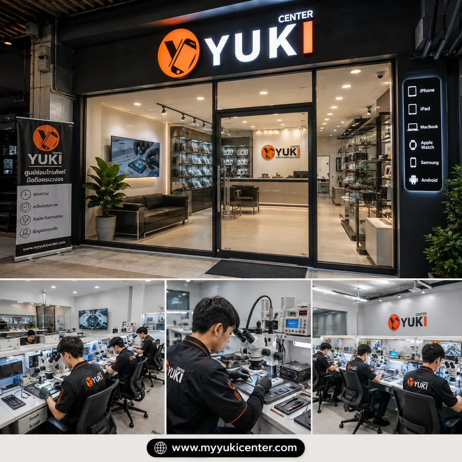 หน้าร้าน Yuki Center และทีมช่างในห้องซ่อมมาตรฐาน ร้านซ่อม iPhone ใกล้ฉัน