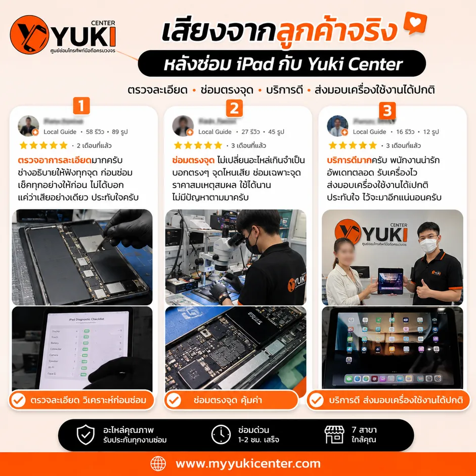 รีวิวลูกค้าจริงหลังซ่อม iPad ที่ Yuki Center ตรวจละเอียด ซ่อมตรงจุด และส่งมอบเครื่องใช้งานได้ปกติ