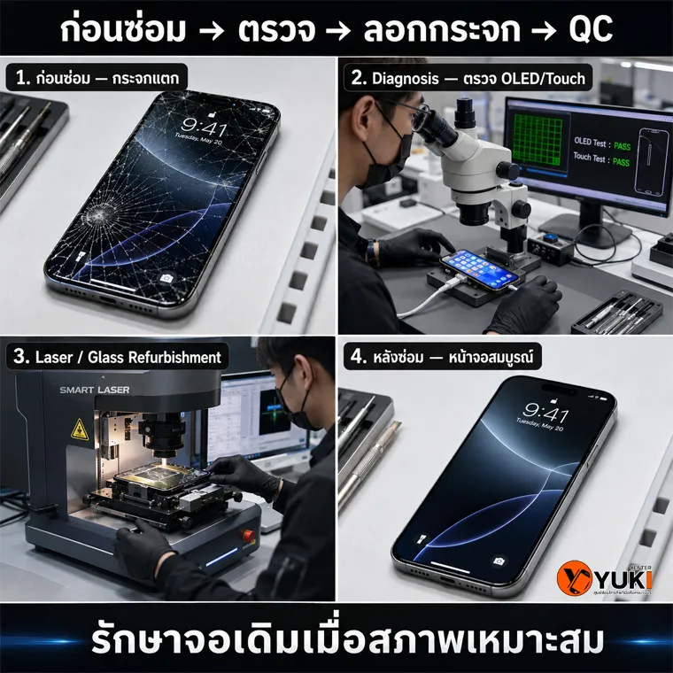 ลอกกระจก iPhone 17 ตรวจ OLED และ Touch ก่อนซ่อมที่ Yuki Center