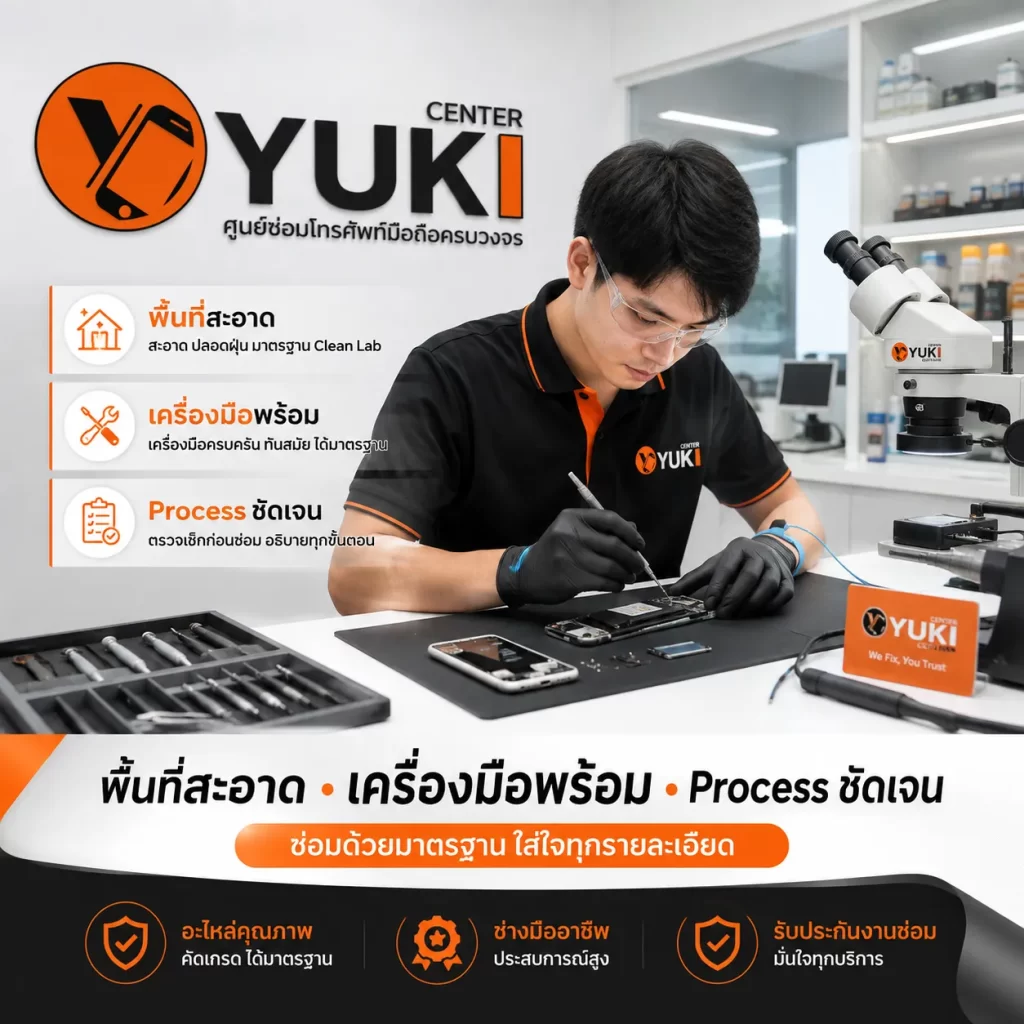 ร้านซ่อมมือถือ กรุงเทพ Yuki Center ช่างซ่อมมือถือใน Clean Lab พร้อม Microscope