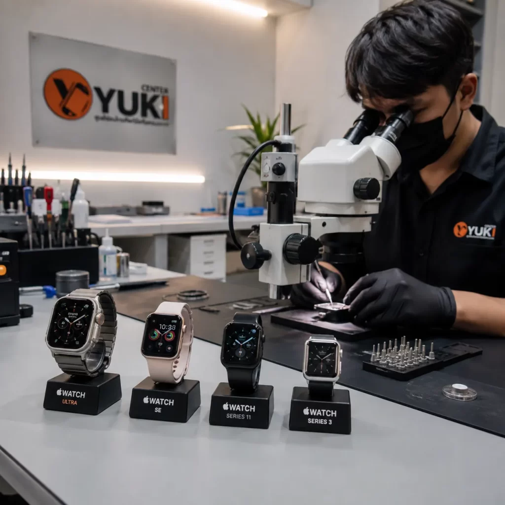 Apple Watch Repair 2026 ช่าง Yuki Center ตรวจซ่อม Apple Watch หลายรุ่นด้วย Microscope