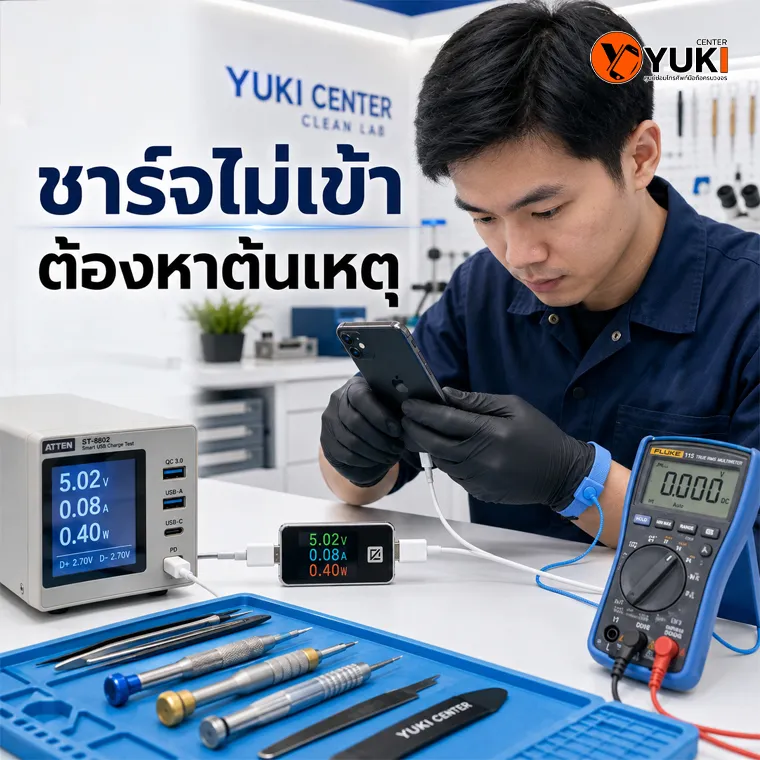 iPhone ชาร์จไม่เข้า ช่าง Yuki Center ตรวจระบบชาร์จด้วย USB Tester และ Multimeter