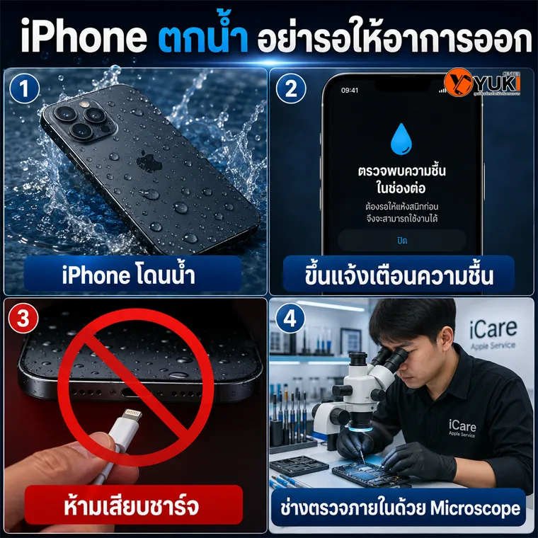 iPhone ตกน้ำขึ้นแจ้งเตือนความชื้น ห้ามเสียบชาร์จและควรตรวจภายในเครื่อง