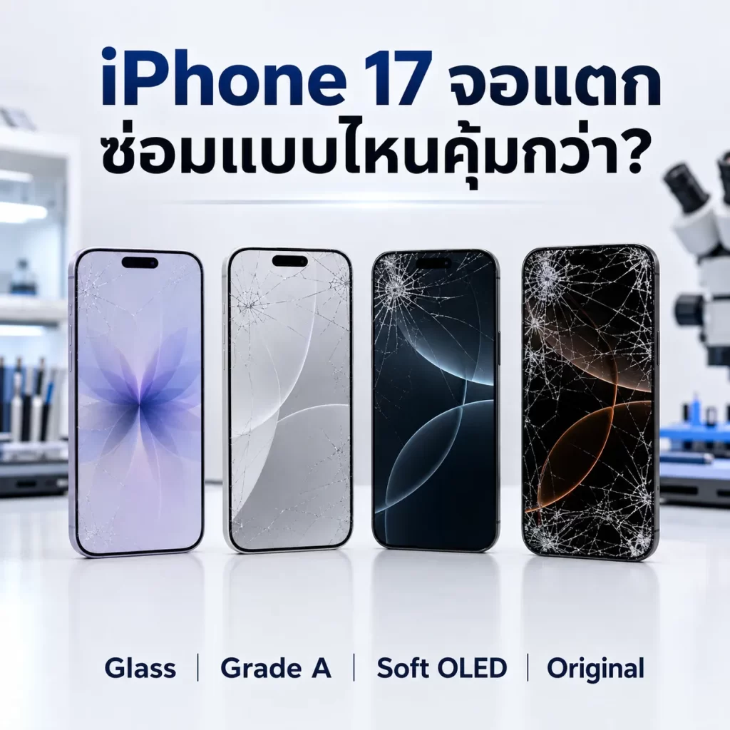 iPhone 17 Screen Repair Price เปรียบเทียบจอแตก ลอกกระจก Grade A Soft OLED และจอแท้