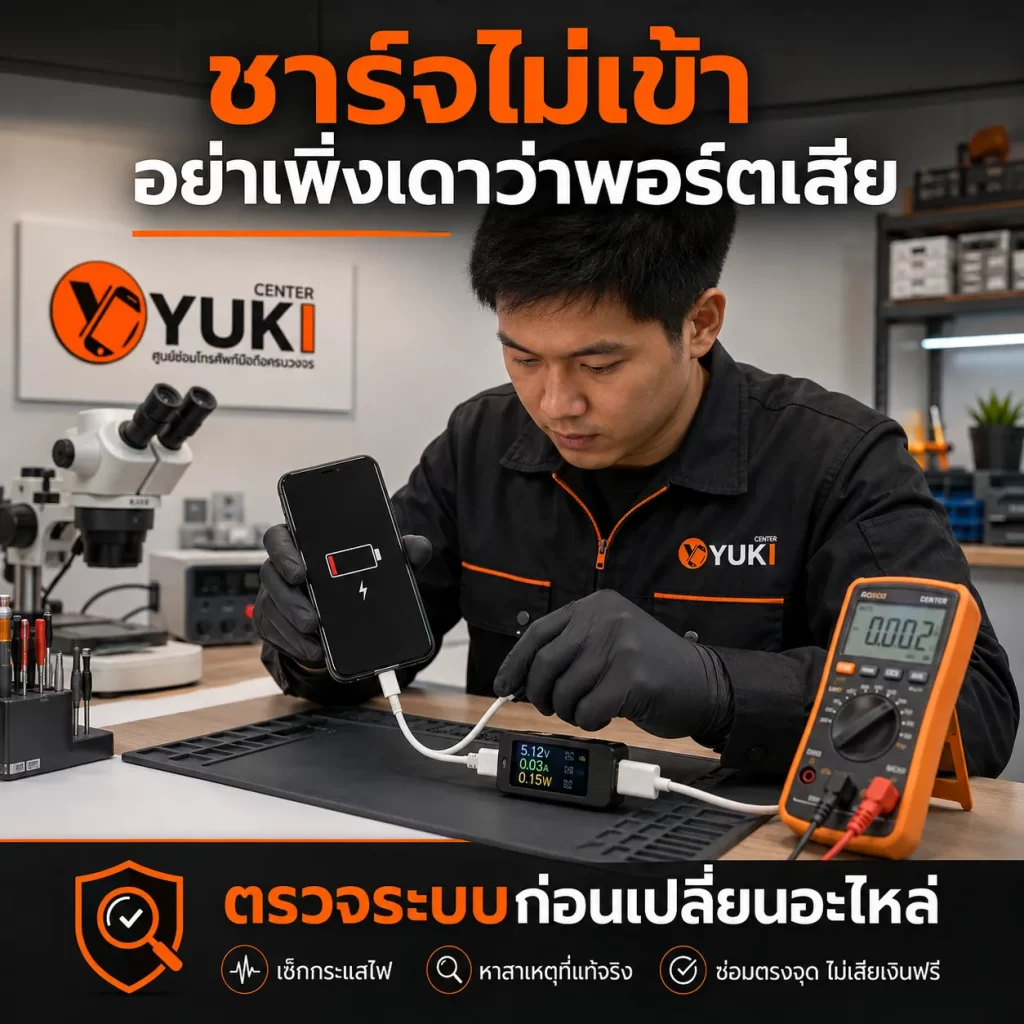 มือถือชาร์จไม่เข้า ตรวจพอร์ตชาร์จ กระแสไฟ และระบบชาร์จก่อนเปลี่ยนอะไหล่ Yuki Center