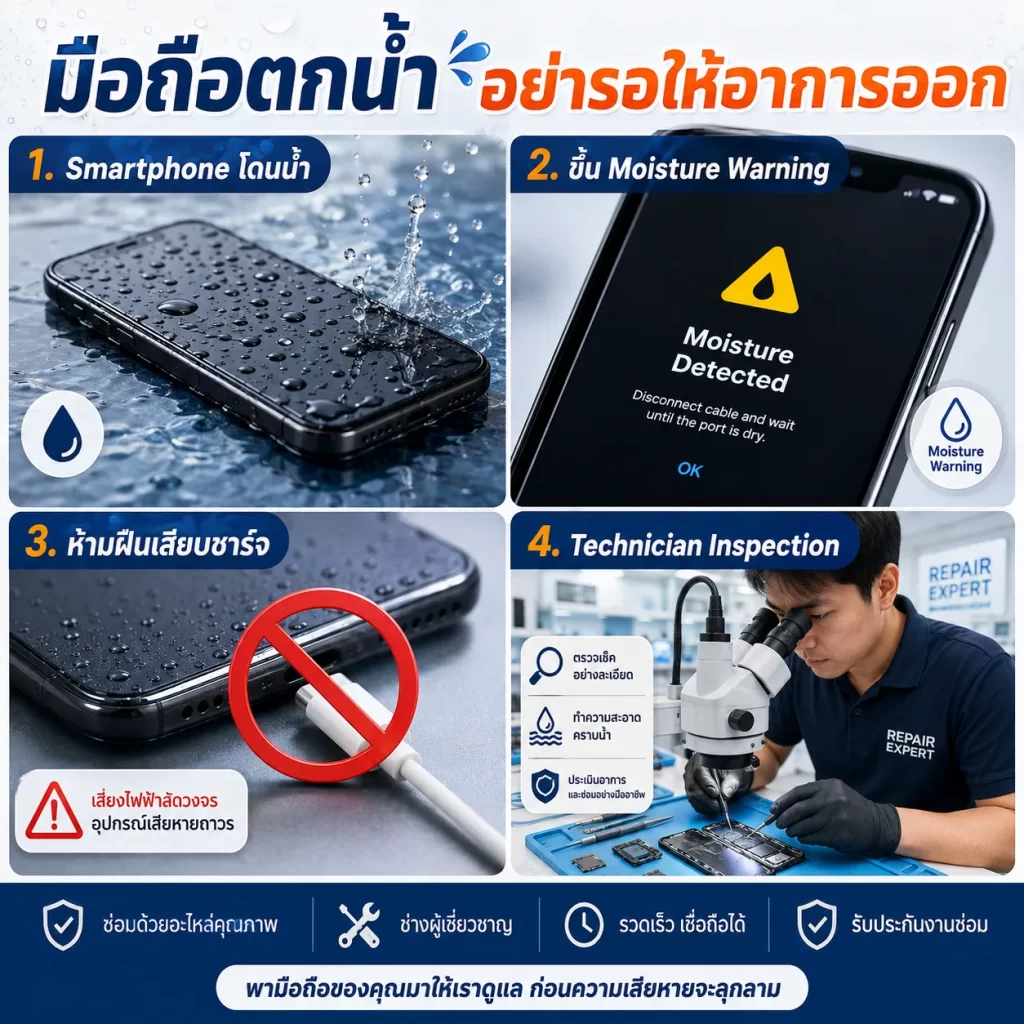 มือถือตกน้ำขึ้น Moisture Detected ห้ามเสียบชาร์จ ตรวจมือถือโดนน้ำก่อนซ่อม Yuki Center