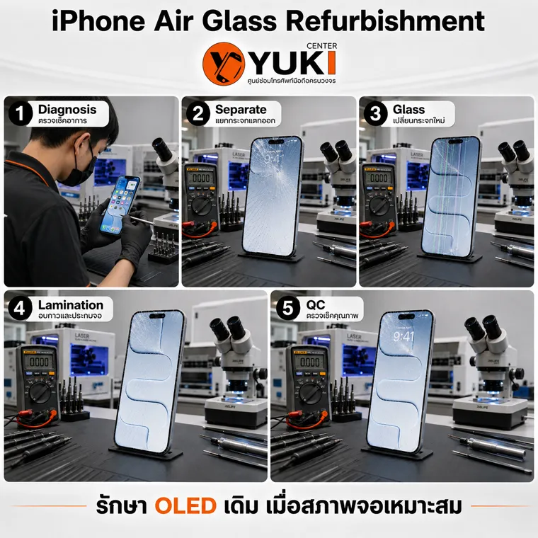 ขั้นตอนลอกกระจก iPhone 17 pro ตั้งแต่ Diagnosis แยกกระจก Lamination จนถึง QC ที่ Yuki Center