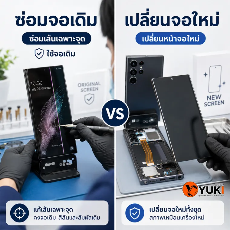 เปรียบเทียบซ่อมเส้นเฉพาะจุดกับเปลี่ยนหน้าจอ Samsung S22 Ultra