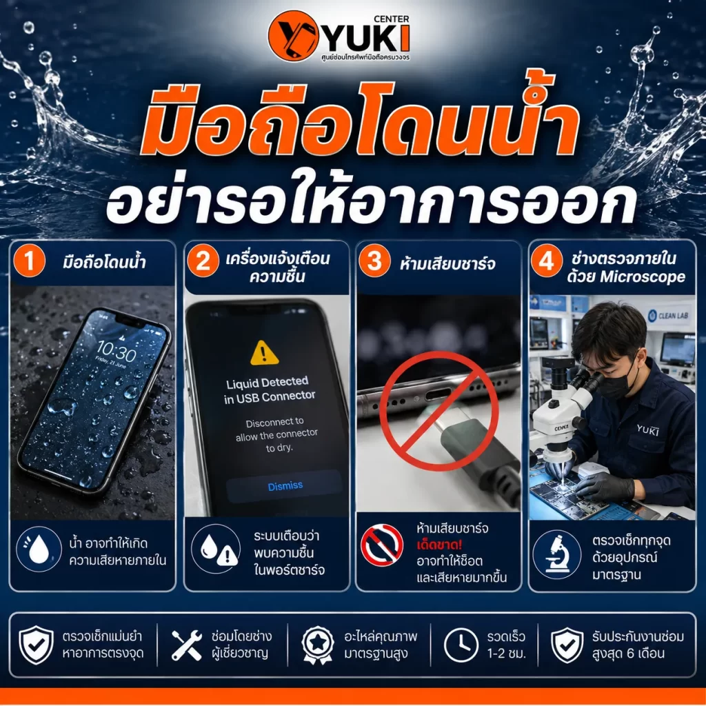 มือถือโดนน้ำ ร้านซ่อมมือถือ กรุงเทพ Yuki Center ตรวจความชื้นและภายในเครื่อง