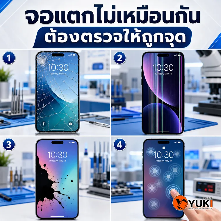 อาการหน้าจอ iPhone กระจกแตก จอขึ้นเส้น หมึกดำ และทัชผิดปกติ ตรวจซ่อมที่ Yuki Center
