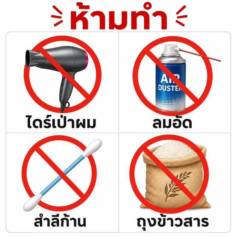 สิ่งที่ห้ามทำเมื่อ iPhone ตกน้ำ ห้ามใช้ไดร์ ลมอัดและข้าวสาร