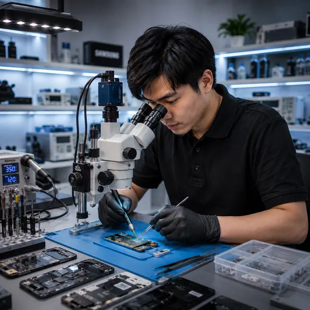 ช่างซ่อม Samsung กำลังซ่อมเมนบอร์ด Samsung Galaxy ด้วยกล้องไมโครสโคปที่ร้าน Samsung Repair Bangkok
