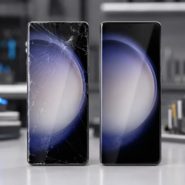 เปรียบเทียบ Samsung Galaxy จอแตกกับหน้าจอหลังซ่อมและเปลี่ยนกระจก Samsung เรียบร้อยแล้ว