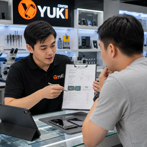 ช่าง Yuki Center อธิบายใบเสนอราคาและรายละเอียดซ่อม Samsung ให้ลูกค้าก่อนดำเนินการซ่อม