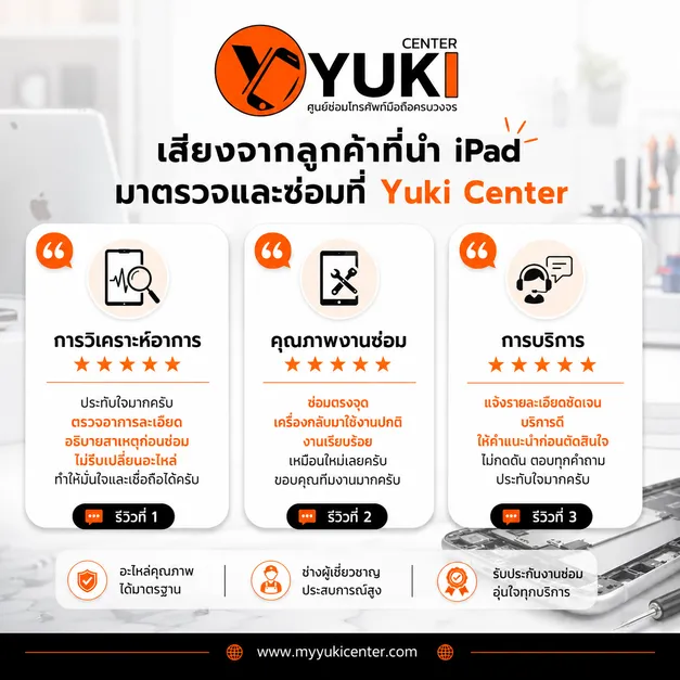 รีวิวลูกค้าที่นำ iPad มาตรวจและซ่อม เปลี่ยนแบต iPad ที่ Yuki Center พร้อมรีวิวการวิเคราะห์อาการ คุณภาพงานซ่อม และการบริการ