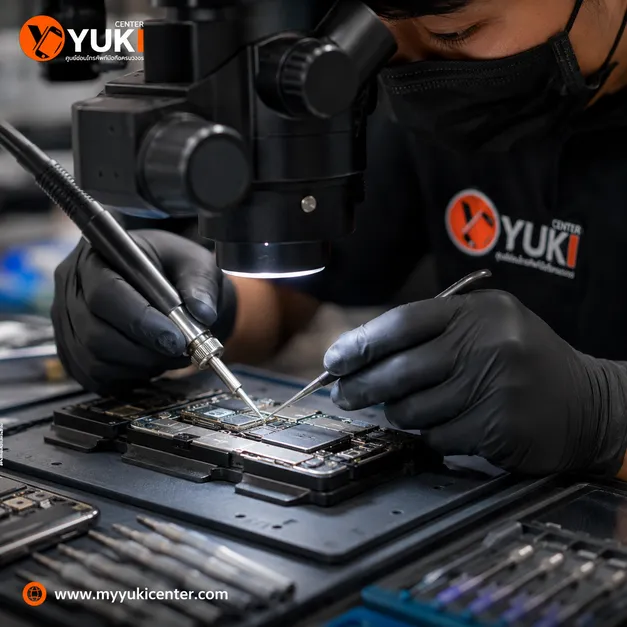ซ่อมเมนบอร์ด Samsung ช่างมืออาชีพใช้กล้องจุลทรรศน์และหัวแร้งที่ Yuki Center