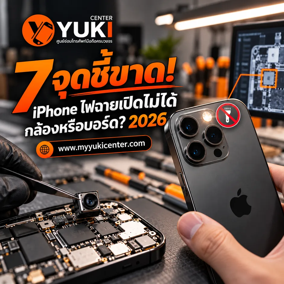 iPhone Flash Not Working ไฟฉายเปิดไม่ได้ ปุ่มไฟฉายเป็นสีเทา ตรวจกล้องหลังและเมนบอร์ด Yuki Center