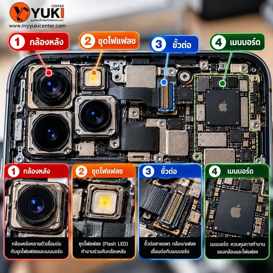 จุดตรวจ iPhone ไฟฉายเปิดไม่ได้ กล้องหลัง ชุดไฟแฟลช ขั้วต่อ และเมนบอร์ด