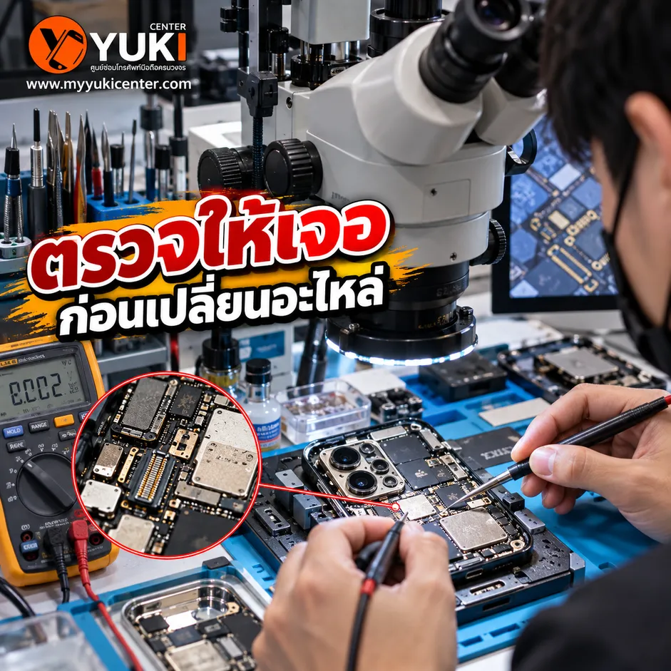 ช่างตรวจเมนบอร์ด iPhone ไฟฉายเปิดไม่ได้ด้วย Microscope และ Multimeter ก่อนเปลี่ยนอะไหล่