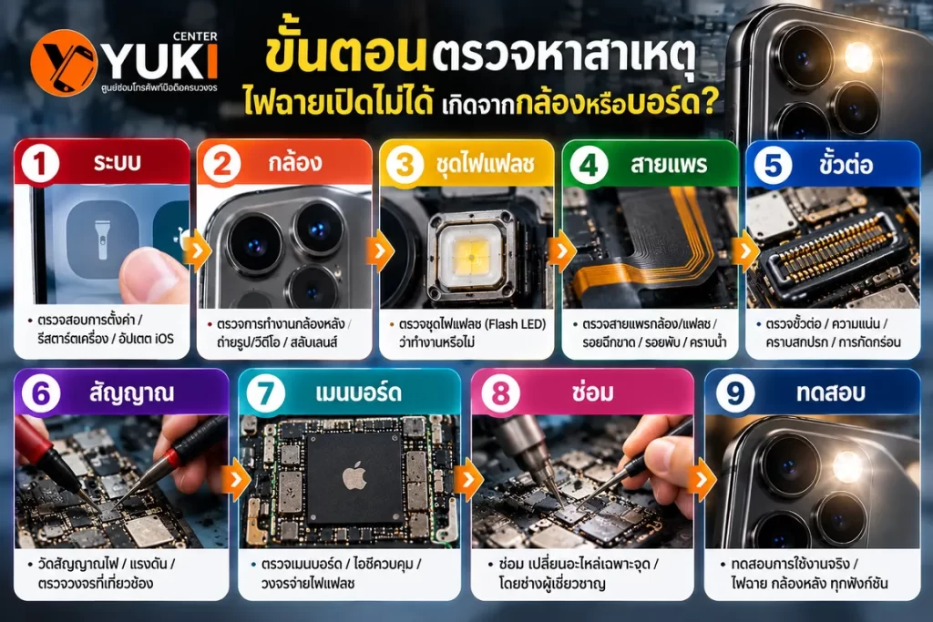 ขั้นตอนตรวจ iPhone ไฟฉายเปิดไม่ได้ ตั้งแต่กล้อง ชุดไฟแฟลช สายแพร ขั้วต่อ สัญญาณ และเมนบอร์ด