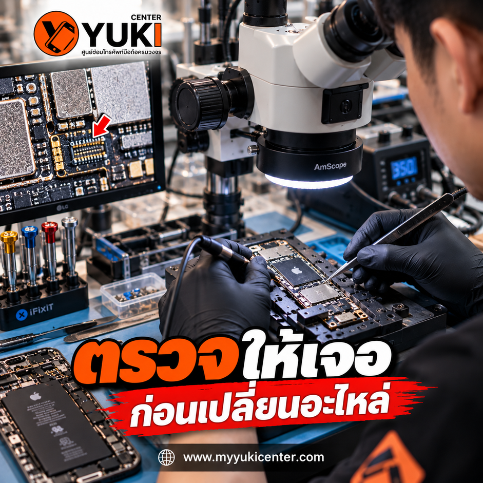 ช่างตรวจซ่อมเมนบอร์ด iPhone ใต้กล้อง Microscope ก่อนเปลี่ยนอะไหล่ที่ Yuki Center
