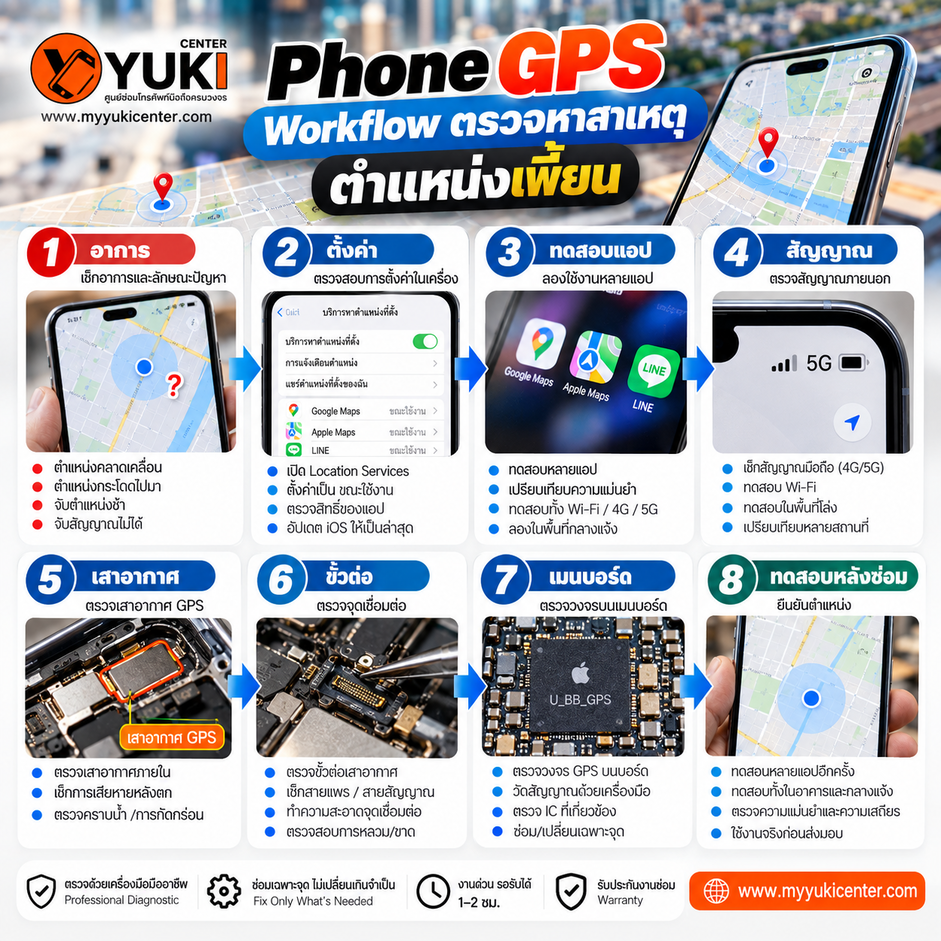 iPhone GPS ตำแหน่งเพี้ยน Workflow ตรวจอาการ ตั้งค่า สัญญาณ เสาอากาศ ขั้วต่อ และเมนบอร์ดก่อนซ่อม