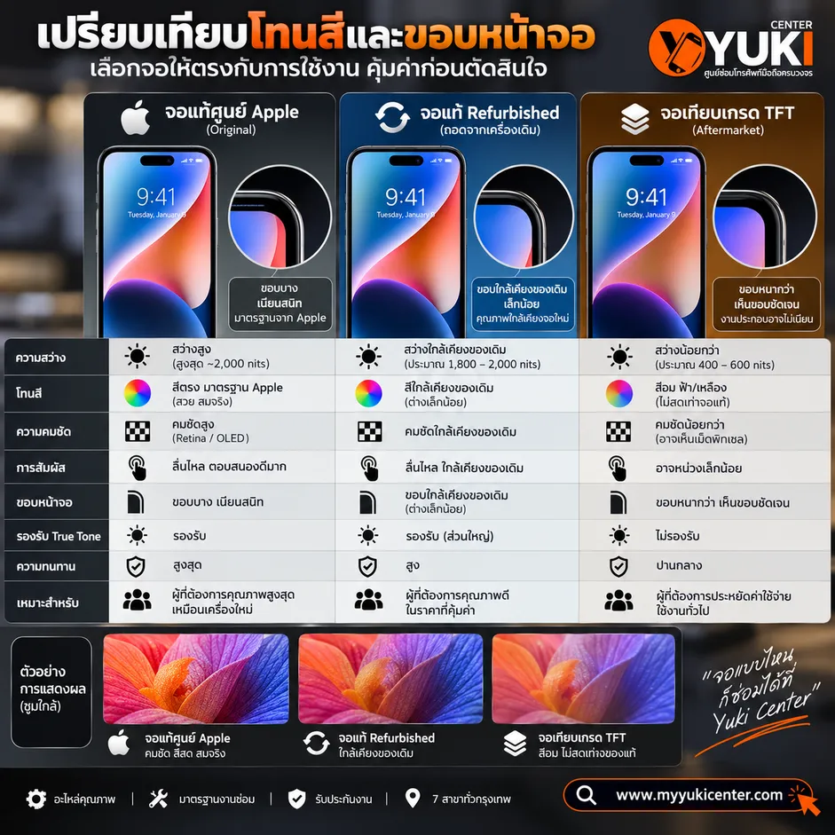 เปรียบเทียบจอ iPhone แท้ศูนย์ Apple จอแท้ Refurbished และจอเทียบ TFT ต่างกันเรื่องสี ขอบจอ ความสว่าง และ True Tone