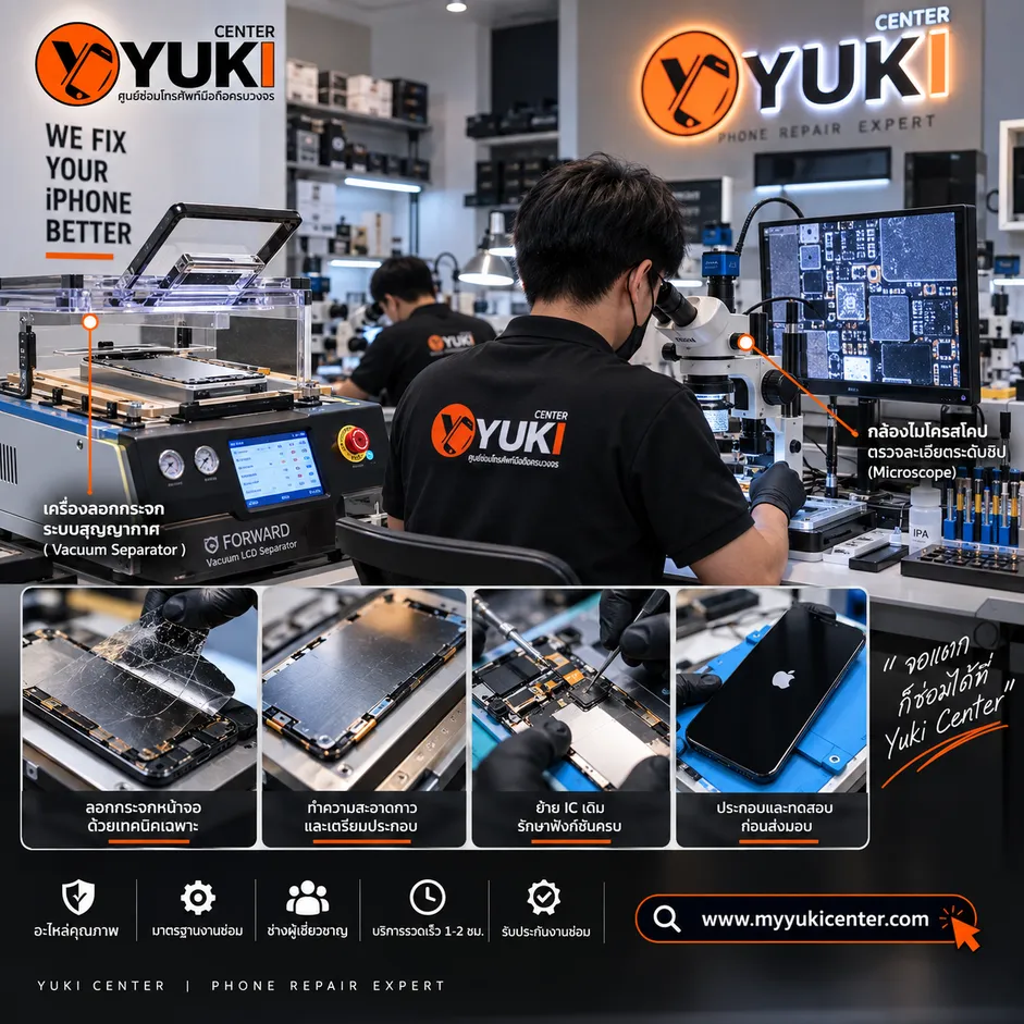 ห้องปฏิบัติการซ่อมจอ iPhone Yuki Center พร้อมเครื่องลอกกระจกสุญญากาศ กล้องไมโครสโคป และงานย้าย IC หน้าจอ