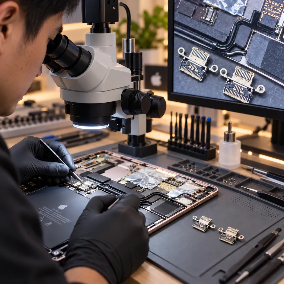ช่างตรวจพอร์ตชาร์จและวงจรเมนบอร์ด iPad ด้วยกล้อง Microscope เพื่อหาสาเหตุอาการชาร์จไม่เข้า