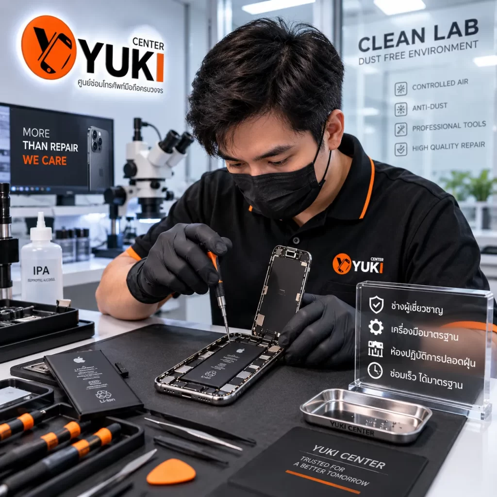ช่างผู้เชี่ยวชาญเปลี่ยนแบต iPhone ในห้อง Clean Lab ปลอดฝุ่นของ Yuki Center