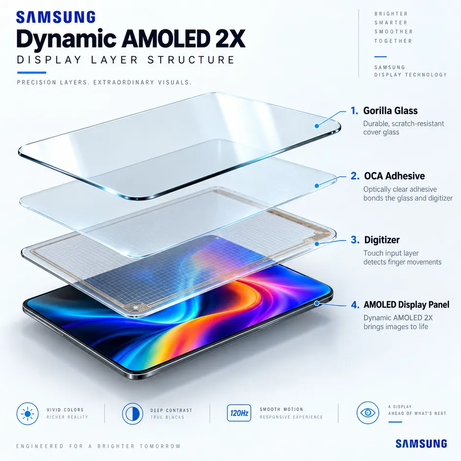 โครงสร้างหน้าจอ Samsung Dynamic AMOLED 2X แสดงชั้น Gorilla Glass OCA Digitizer และ AMOLED Display Panel